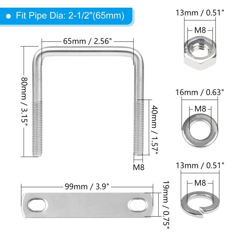 Yinpecly 4 Pack M8 Square U-Bolts, 65mm (2.56") Inner Width 80mm (3.15") Length, 304 Stainless Steel U Bolts with Frame Plates & Nuts & Washers for Automobiles Trailer, Ski Boat, Sailboat, Trailer - Image 2